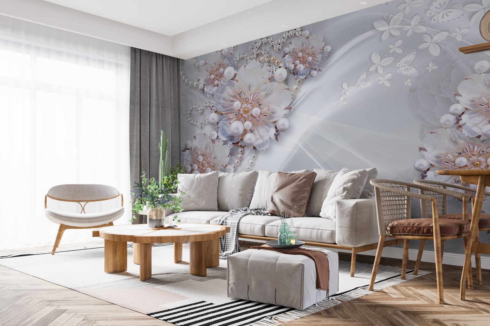 Fototapet pe mătase sunt flori delicate decorate cu perle