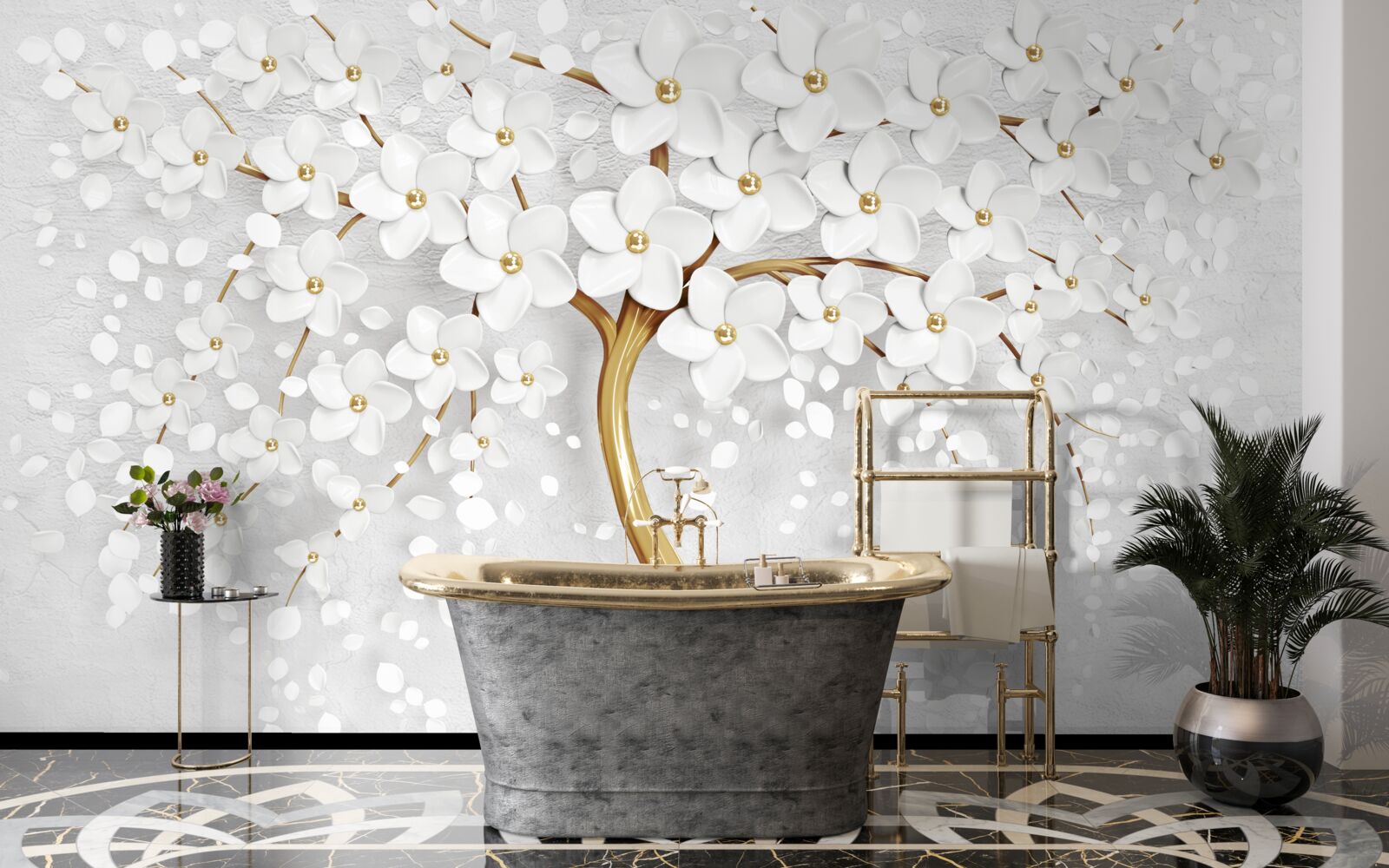 Fototapet copac cu flori albe cu flori mici