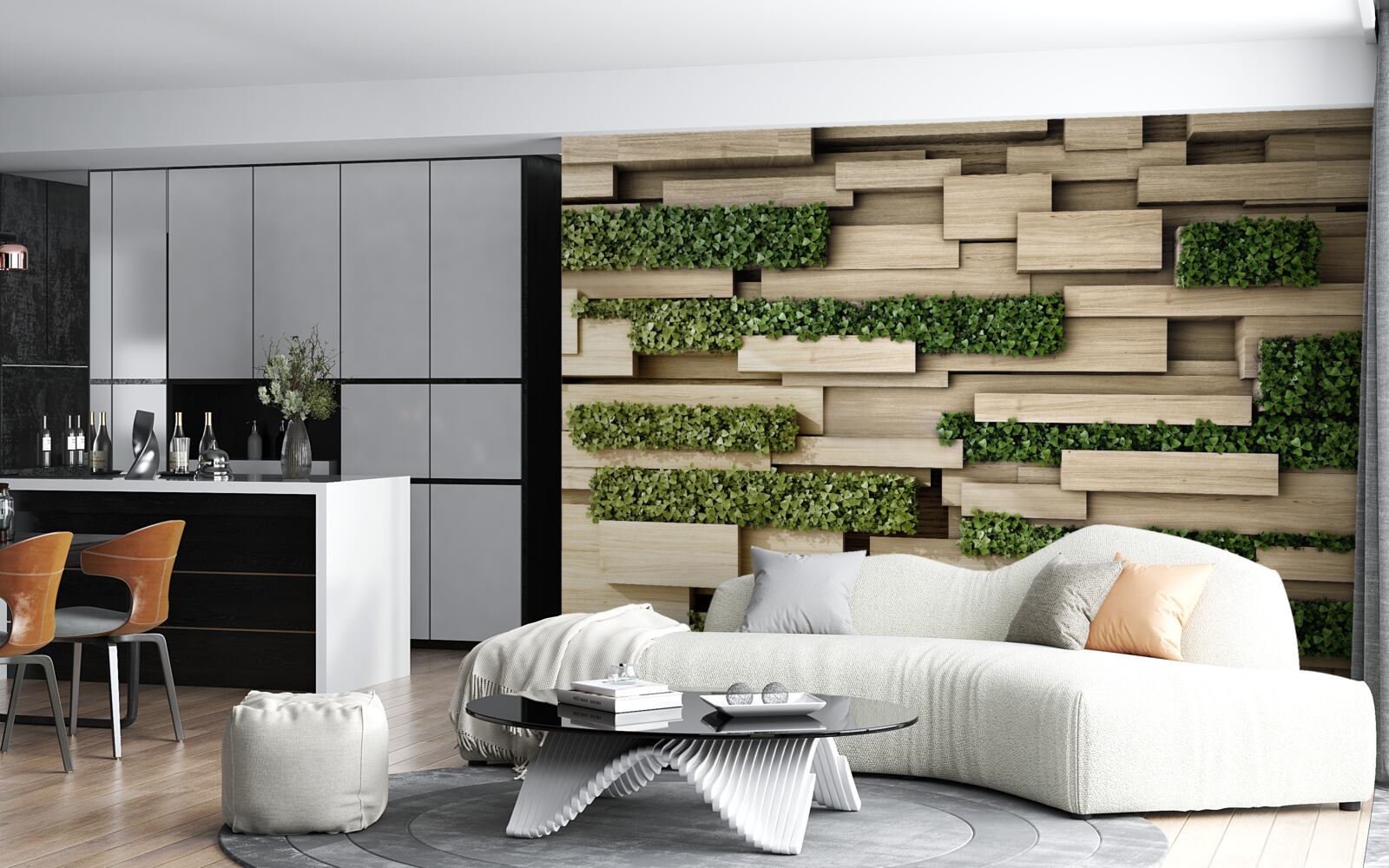 Fototapet perete de piatră decorat cu plante verzi