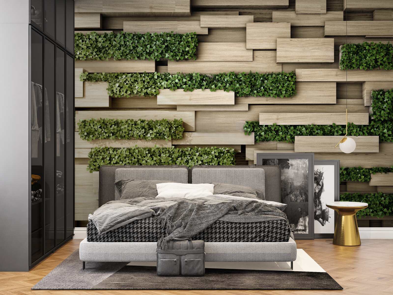 Fototapet perete de piatră decorat cu plante verzi