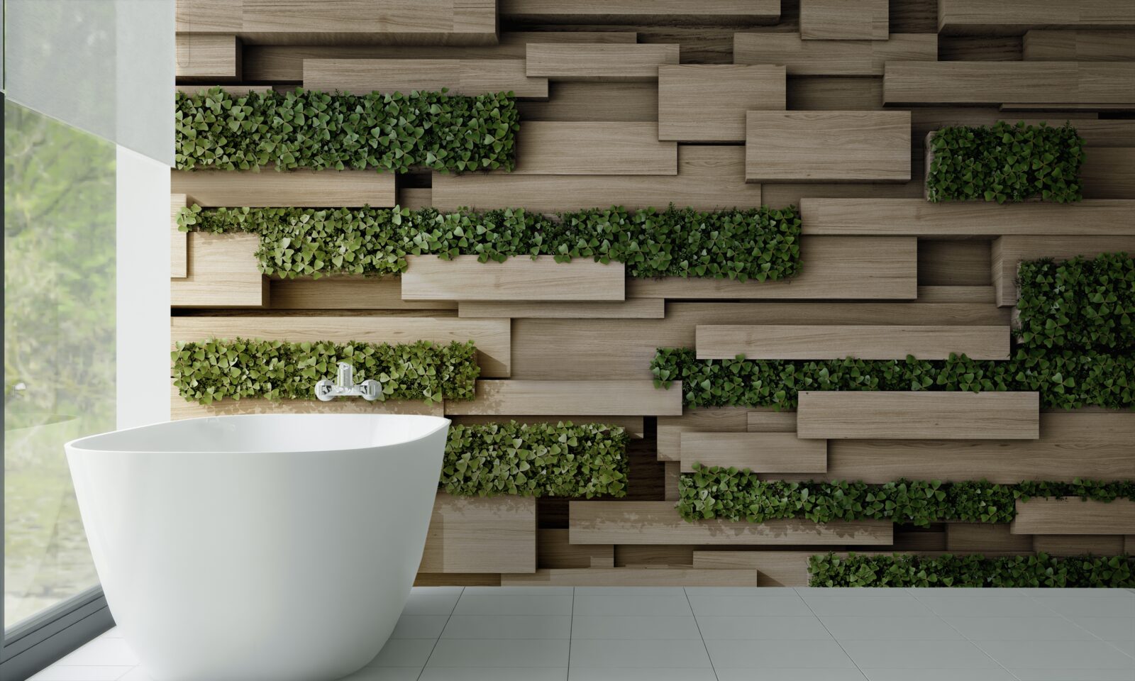 Fototapet perete de piatră decorat cu plante verzi