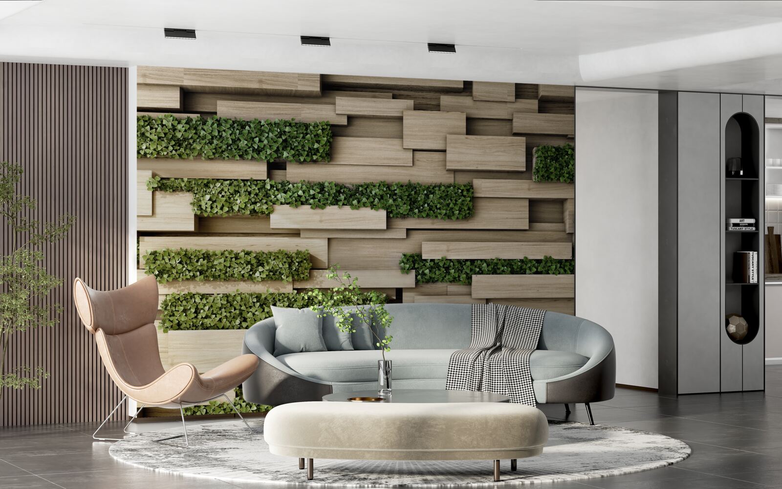 Fototapet perete de piatră decorat cu plante verzi