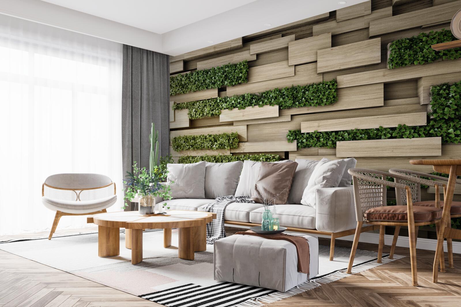 Fototapet perete de piatră decorat cu plante verzi