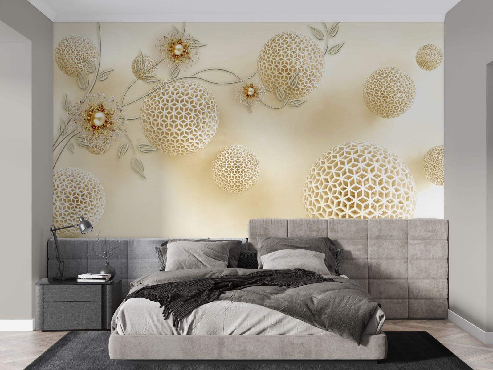 Fototapet bile de textură plutind în aer și flori albe