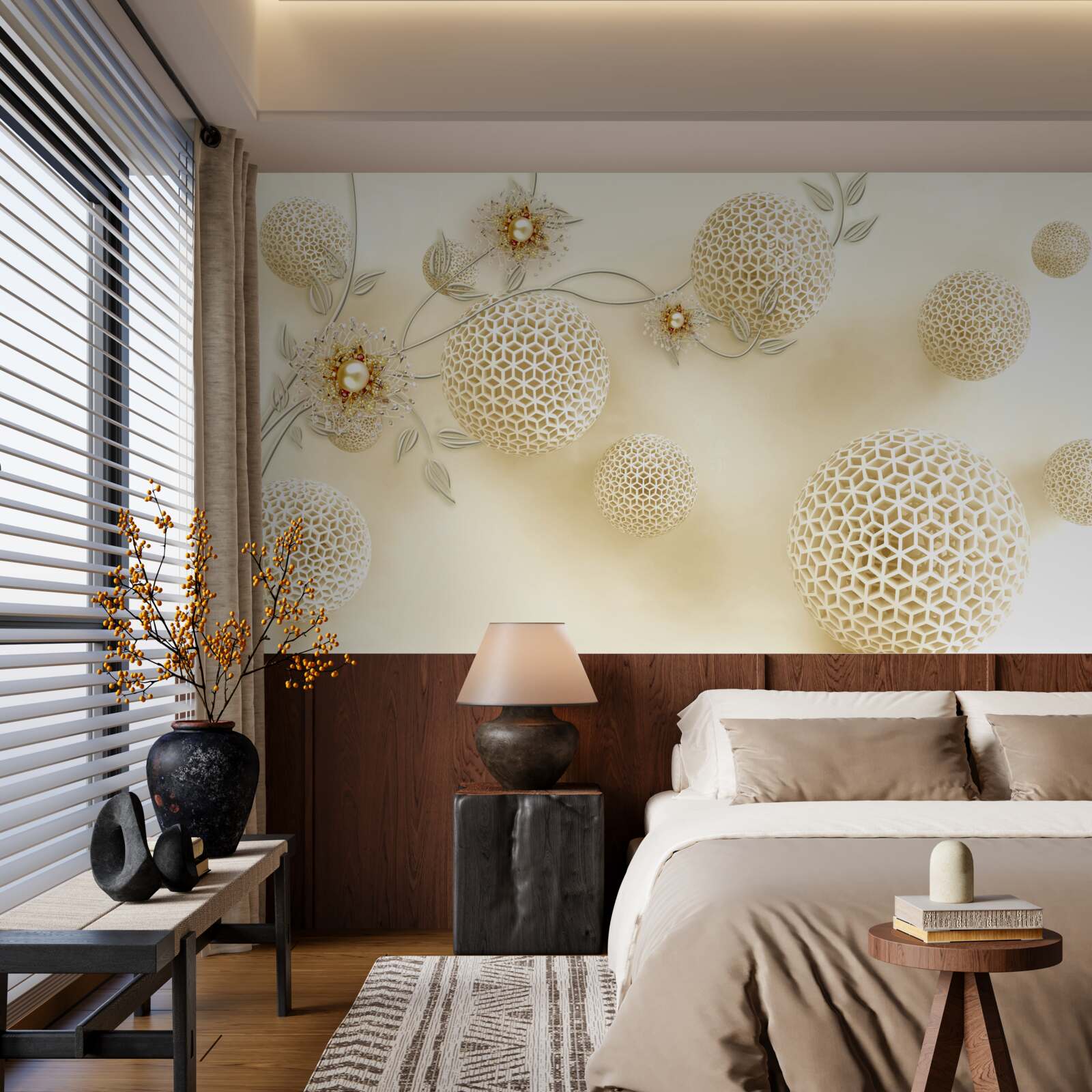 Fototapet bile de textură plutind în aer și flori albe