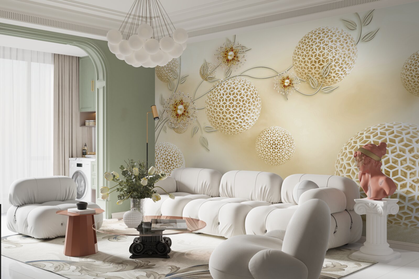 Fototapet bile de textură plutind în aer și flori albe