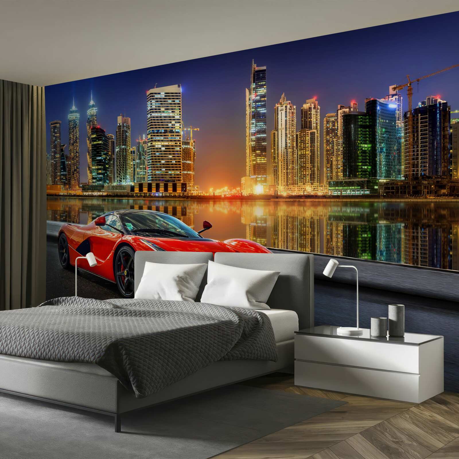 Fototapet masina sport cu un peisaj urban nocturn în fundal