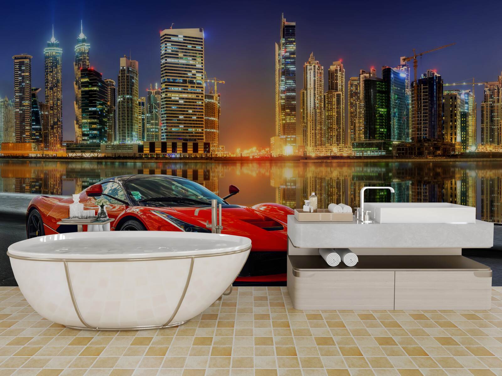 Fototapet masina sport cu un peisaj urban nocturn în fundal