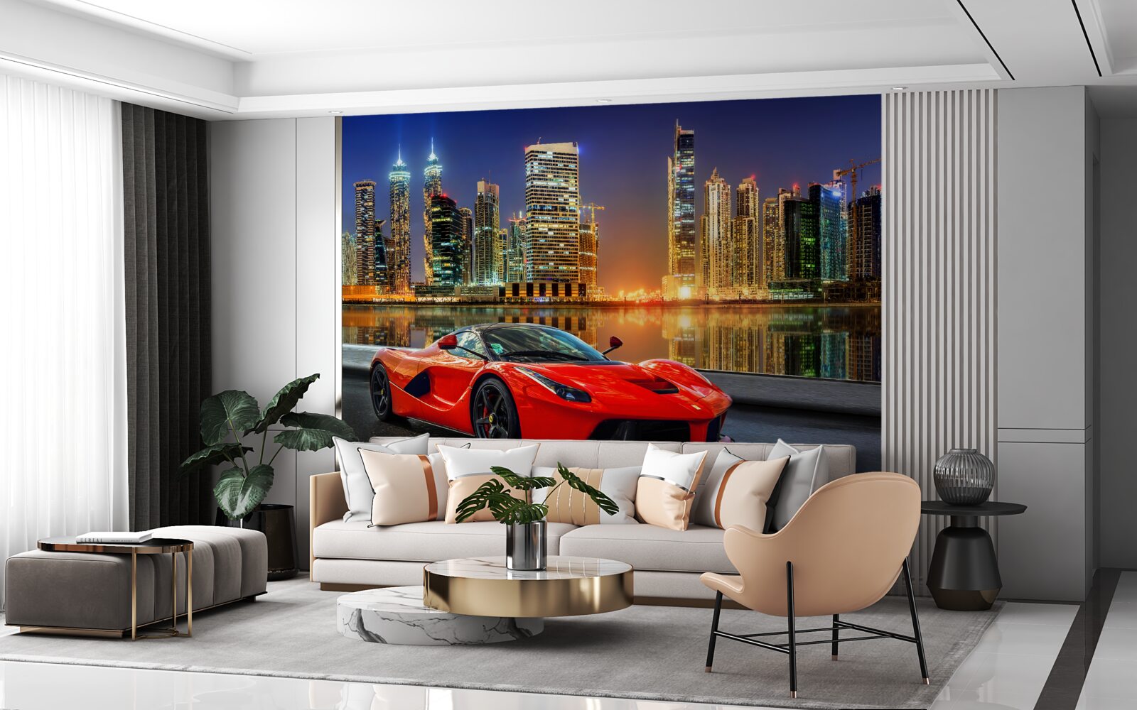 Fototapet masina sport cu un peisaj urban nocturn în fundal