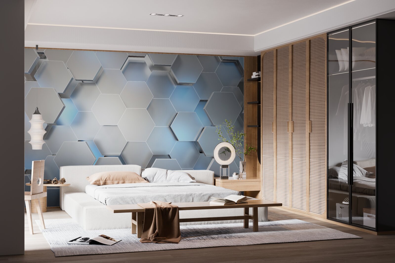 Fototapet hexagoane gri cu accent albastru