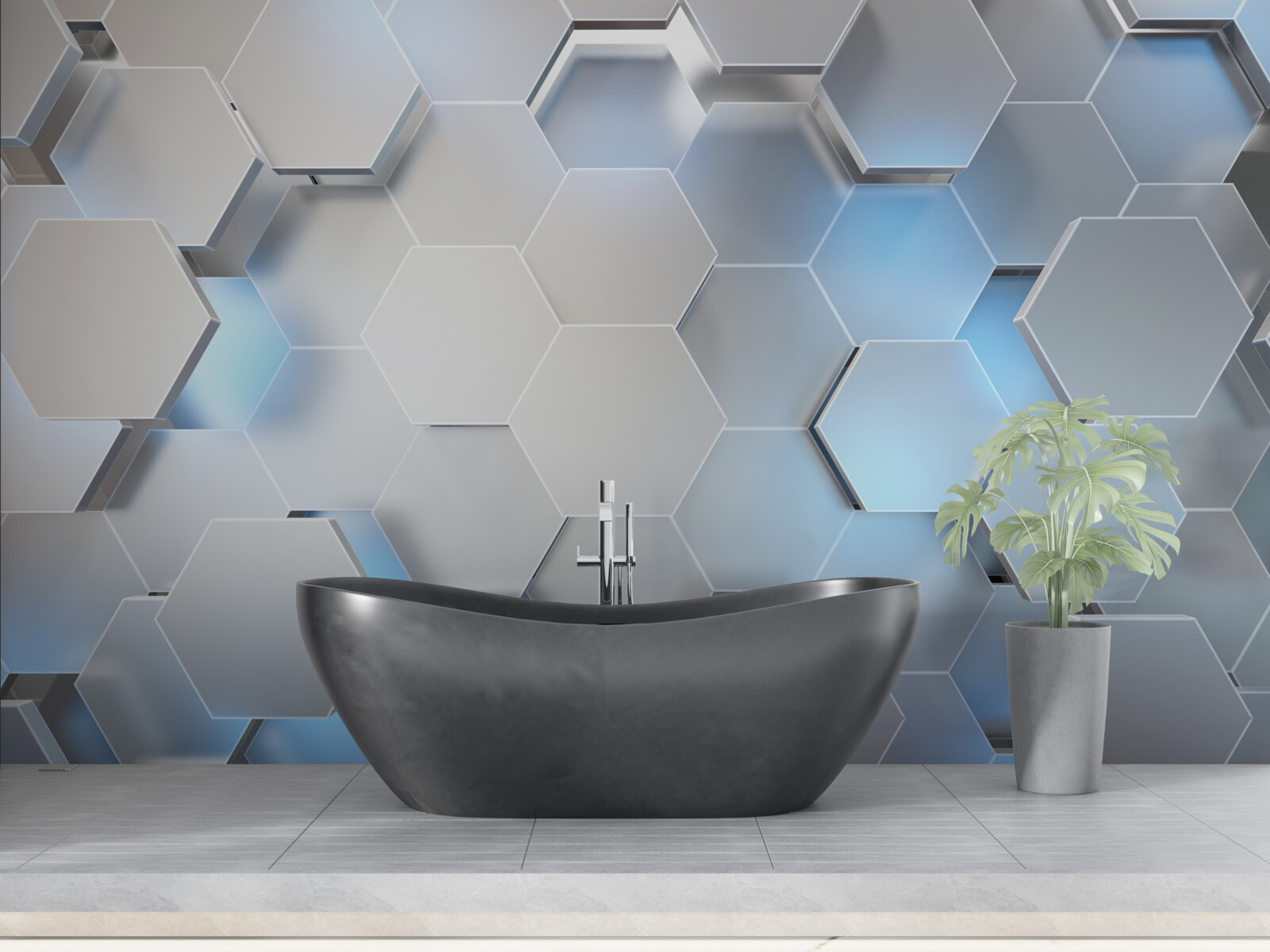Fototapet hexagoane gri cu accent albastru