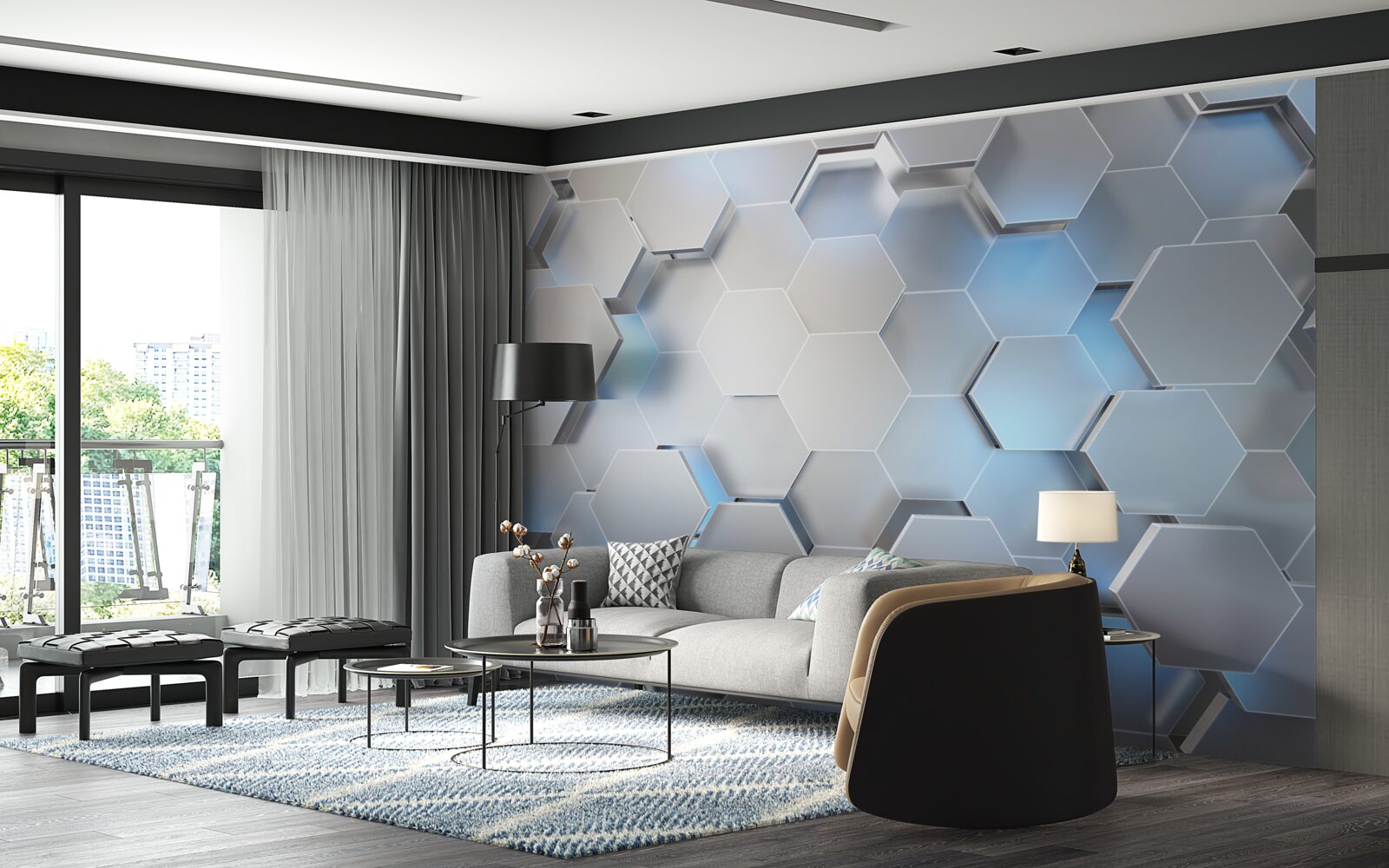 Fototapet hexagoane gri cu accent albastru