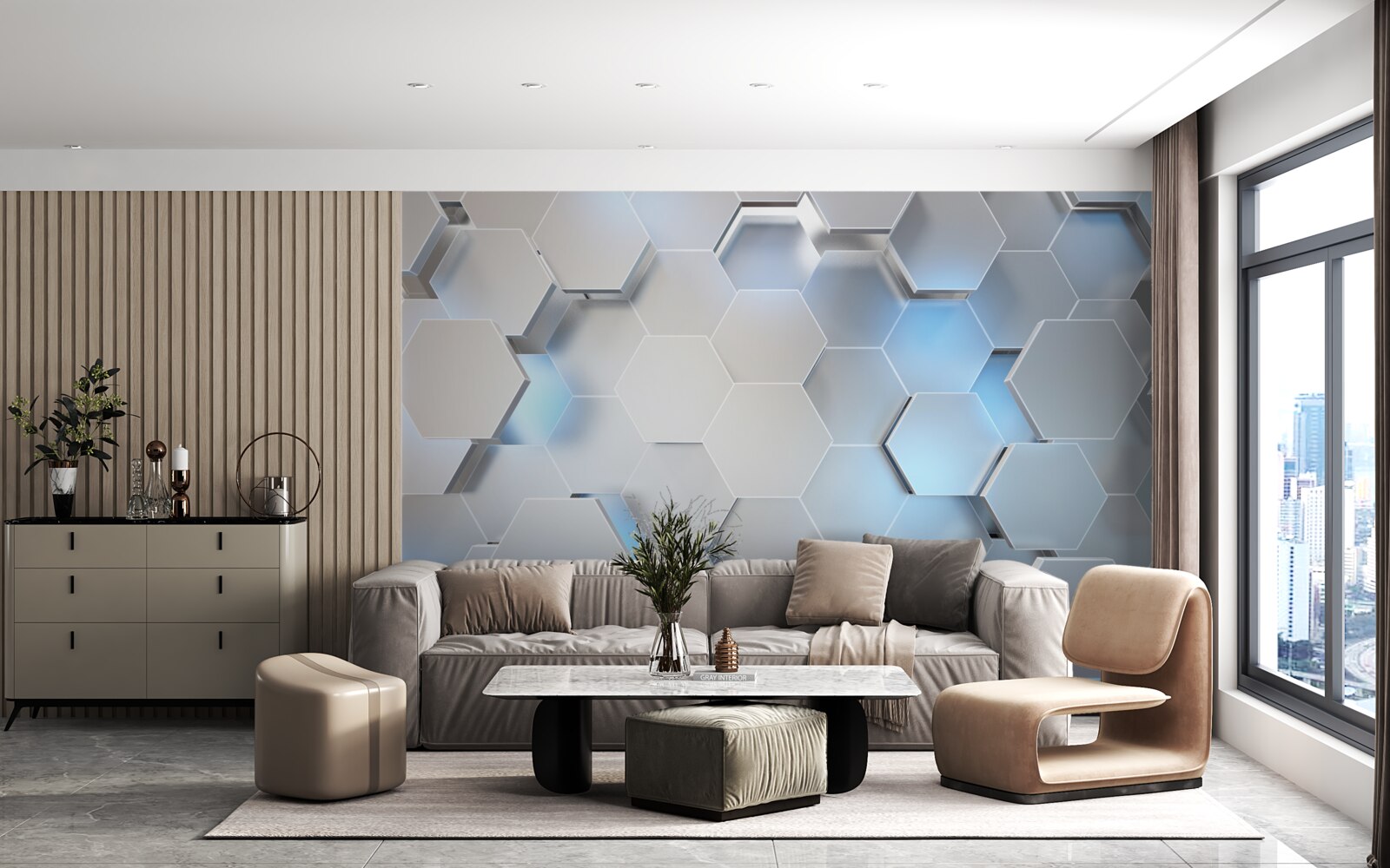 Fototapet hexagoane gri cu accent albastru