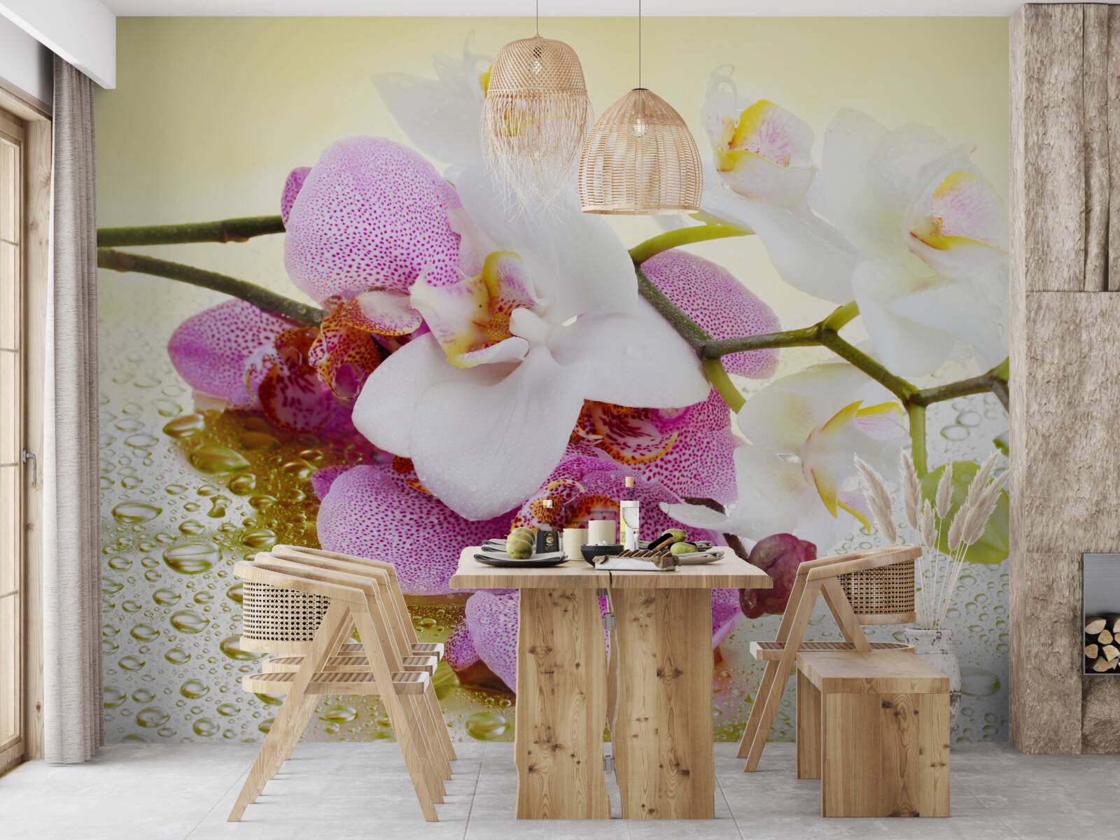 Fototapet picături pe ramurile orhideelor încântătoare