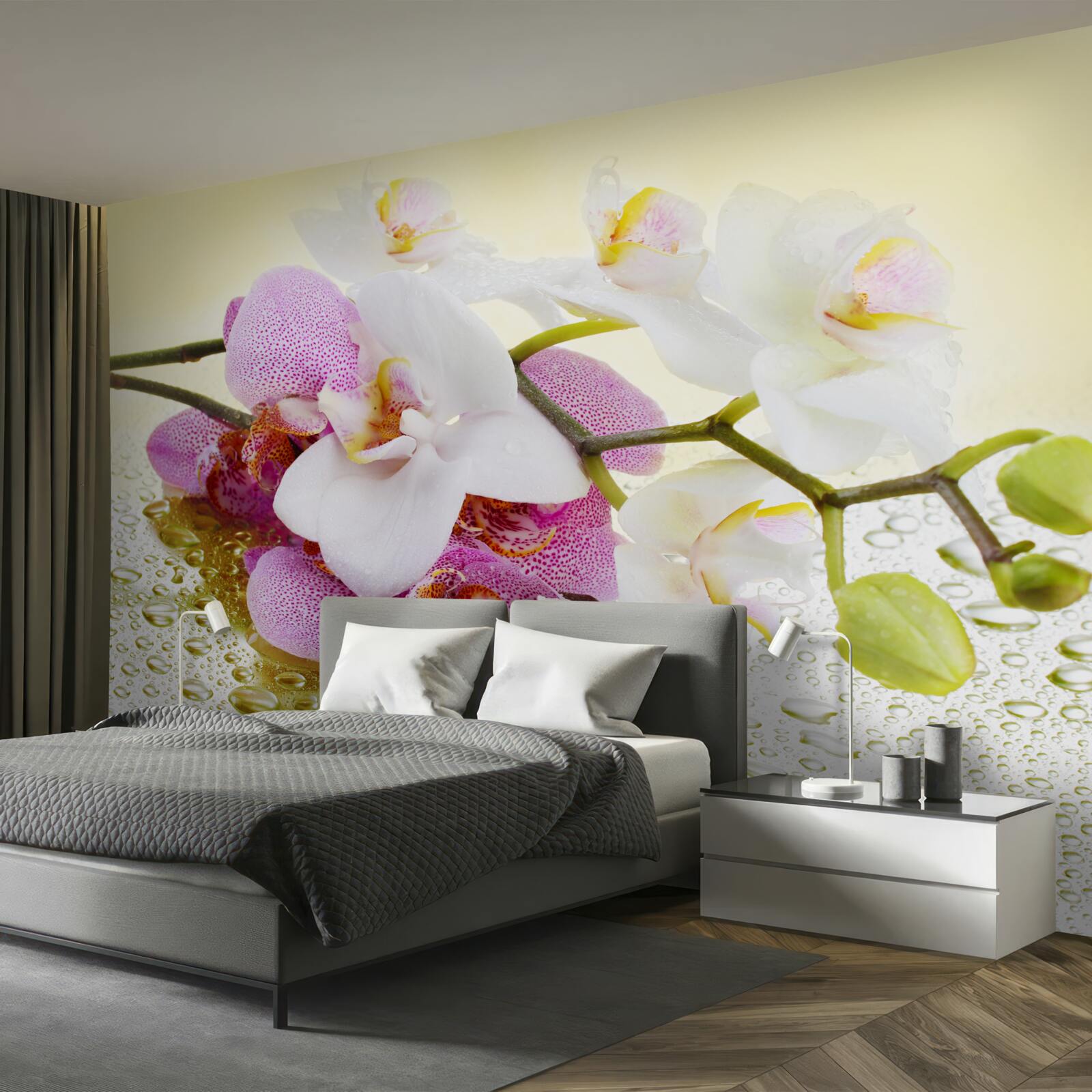 Fototapet picături pe ramurile orhideelor încântătoare