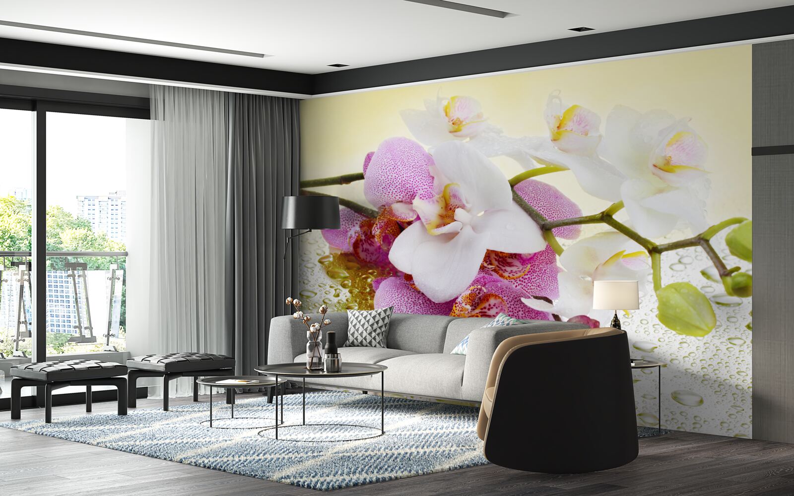 Fototapet picături pe ramurile orhideelor încântătoare