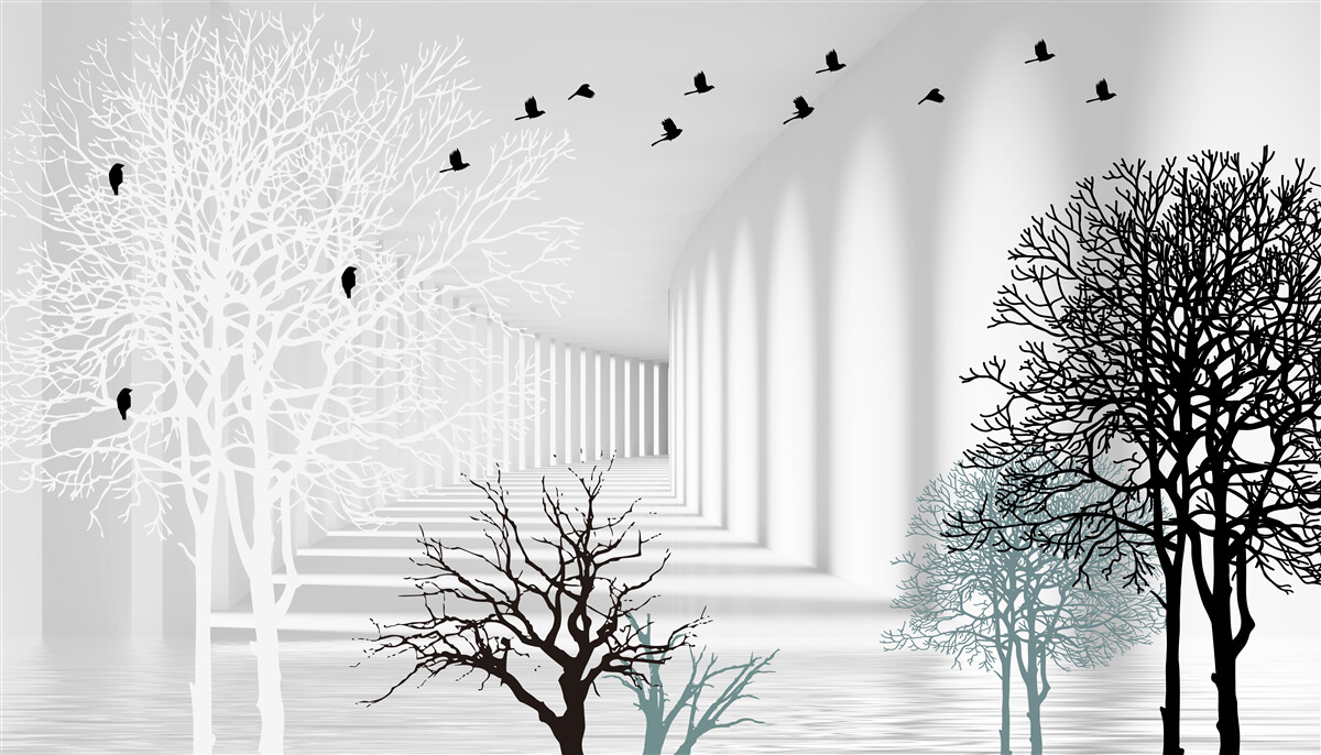 Fototapet copacii care și-au pierdut frunzele și păsările care zboară odată cu sosirea toamnei