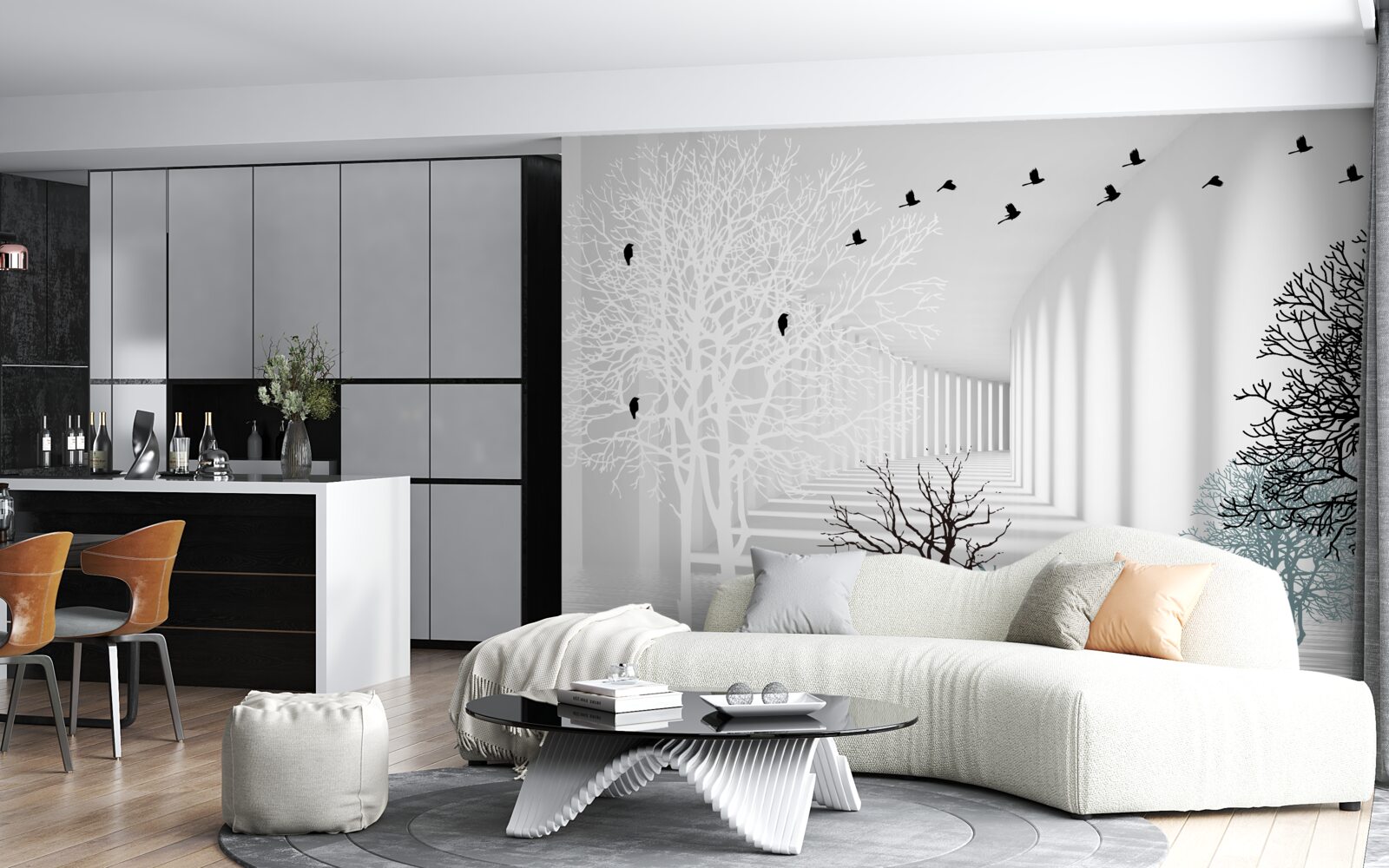 Fototapet copacii care și-au pierdut frunzele și păsările care zboară odată cu sosirea toamnei