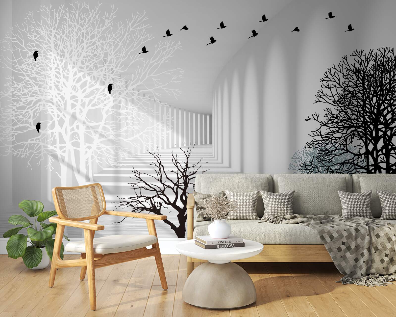 Fototapet copacii care și-au pierdut frunzele și păsările care zboară odată cu sosirea toamnei