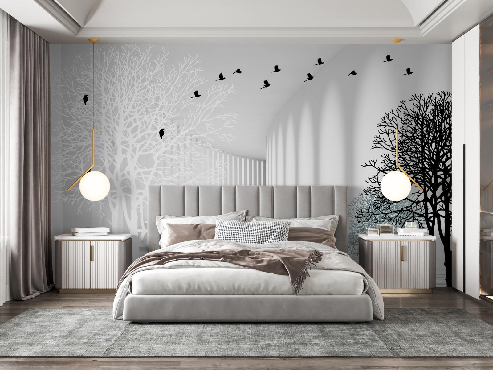 Fototapet copacii care și-au pierdut frunzele și păsările care zboară odată cu sosirea toamnei