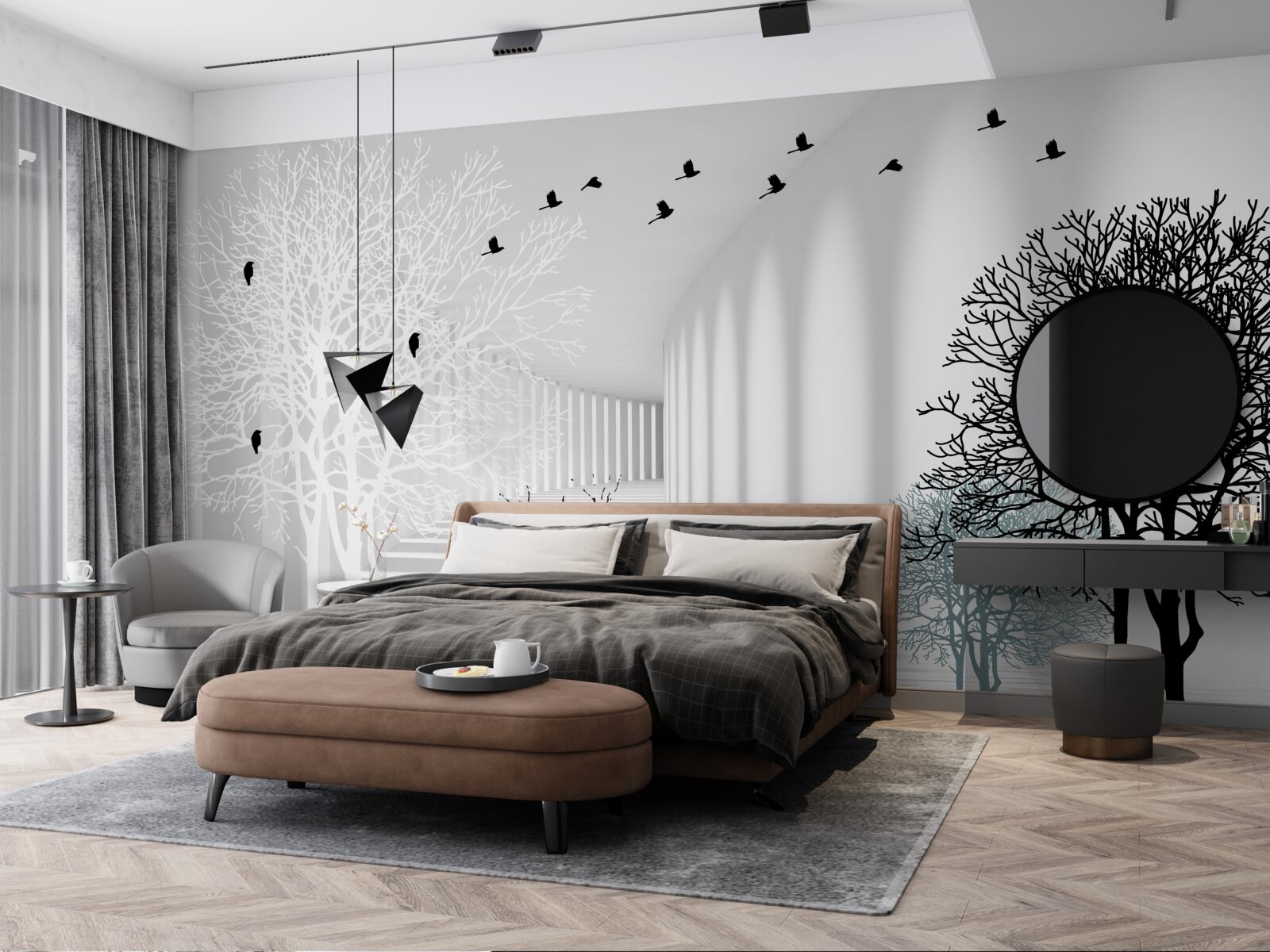 Fototapet copacii care și-au pierdut frunzele și păsările care zboară odată cu sosirea toamnei