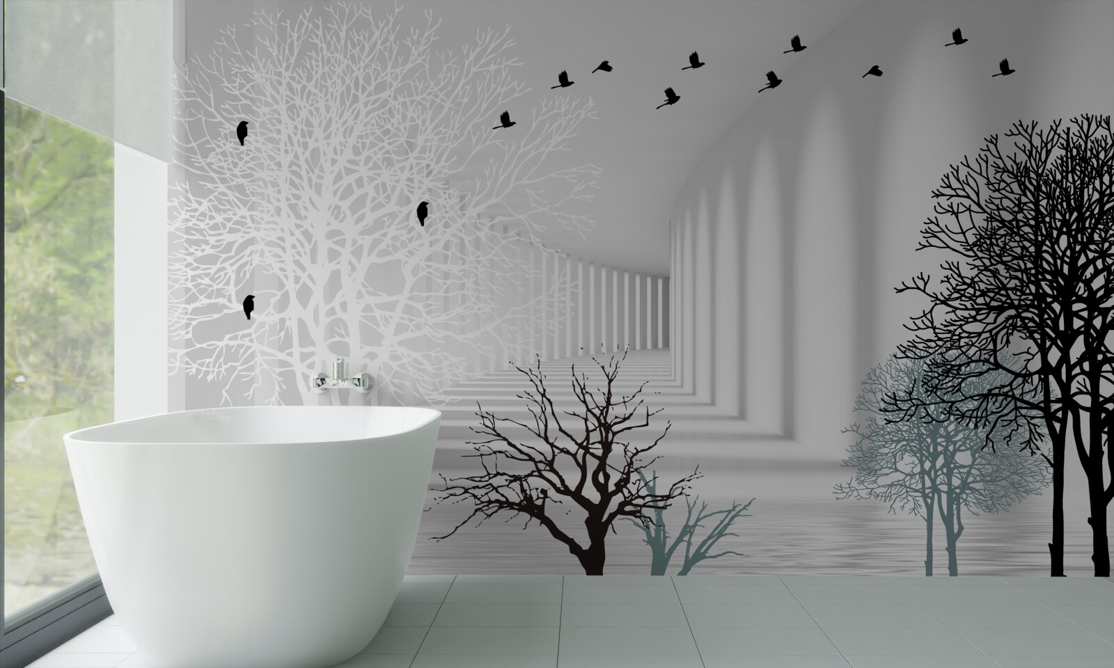 Fototapet copacii care și-au pierdut frunzele și păsările care zboară odată cu sosirea toamnei