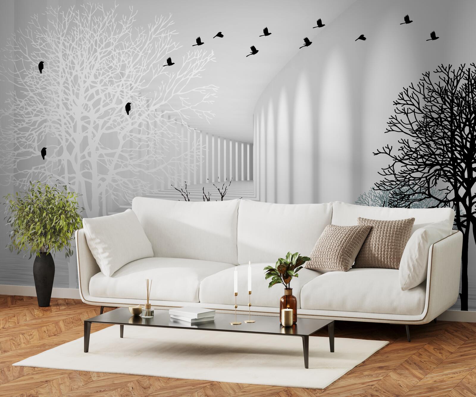 Fototapet copacii care și-au pierdut frunzele și păsările care zboară odată cu sosirea toamnei