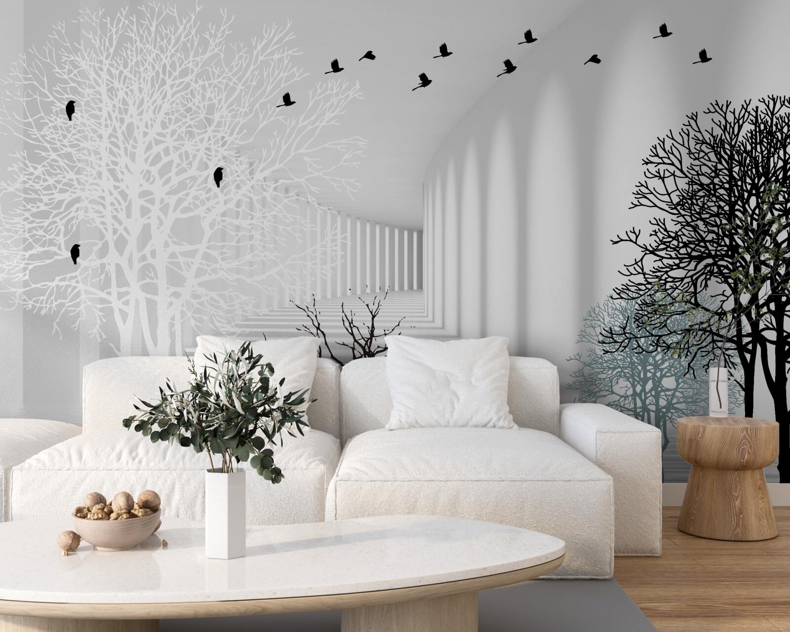 Fototapet copacii care și-au pierdut frunzele și păsările care zboară odată cu sosirea toamnei