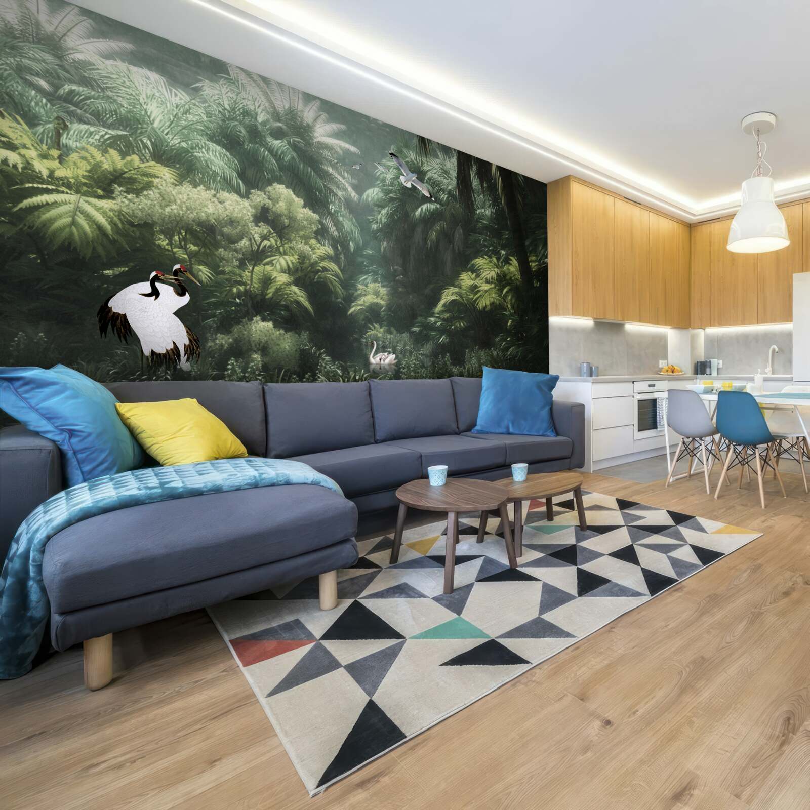 Fototapet jungle luxuriante și locuitori cu pene