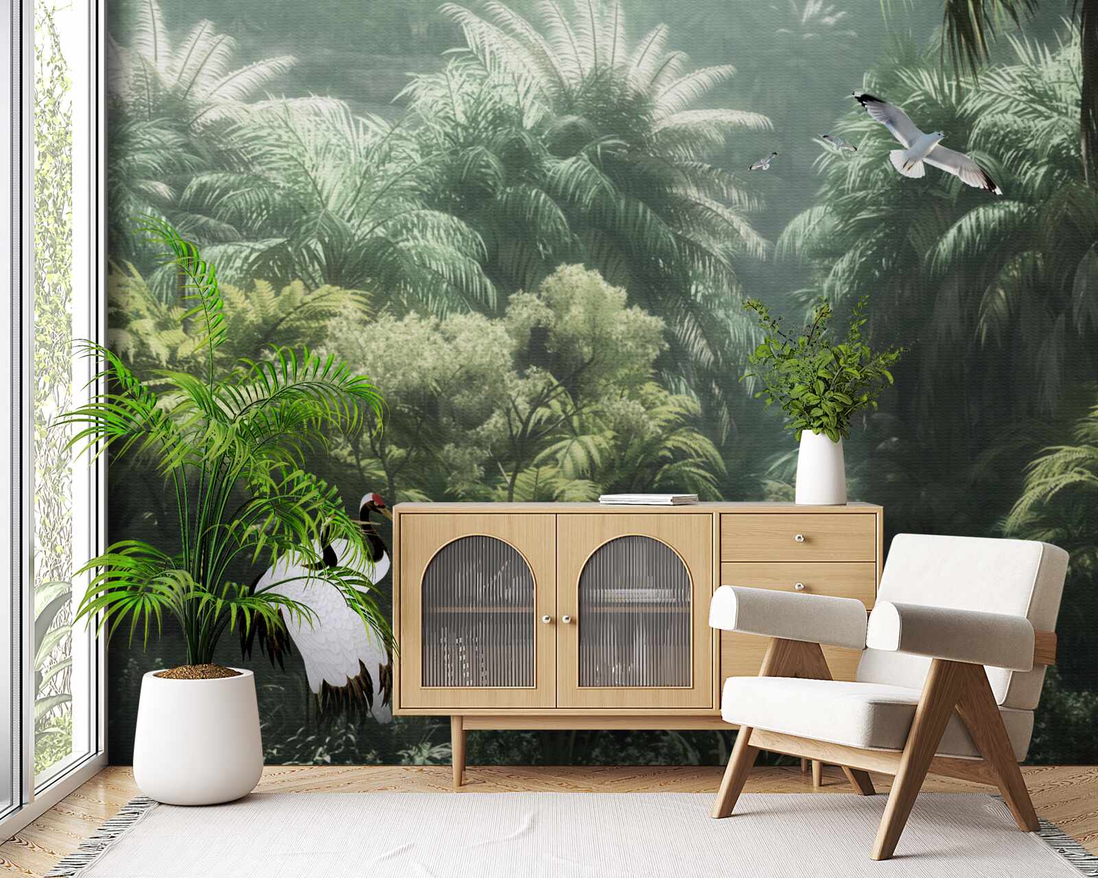 Fototapet jungle luxuriante și locuitori cu pene