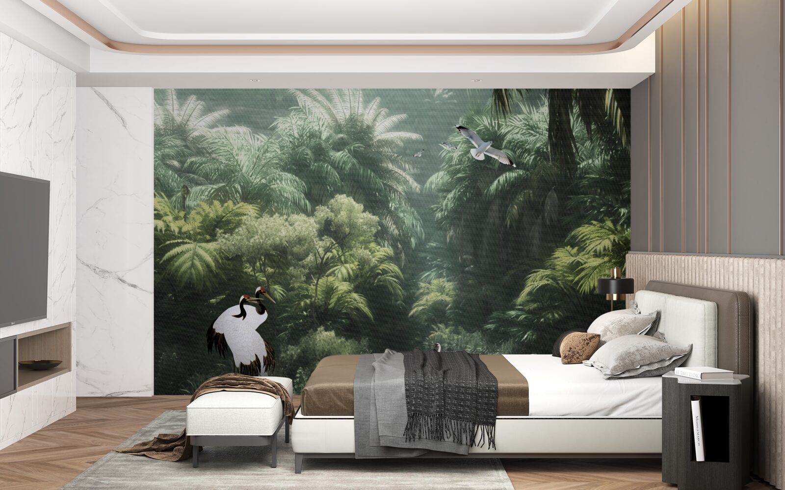 Fototapet jungle luxuriante și locuitori cu pene