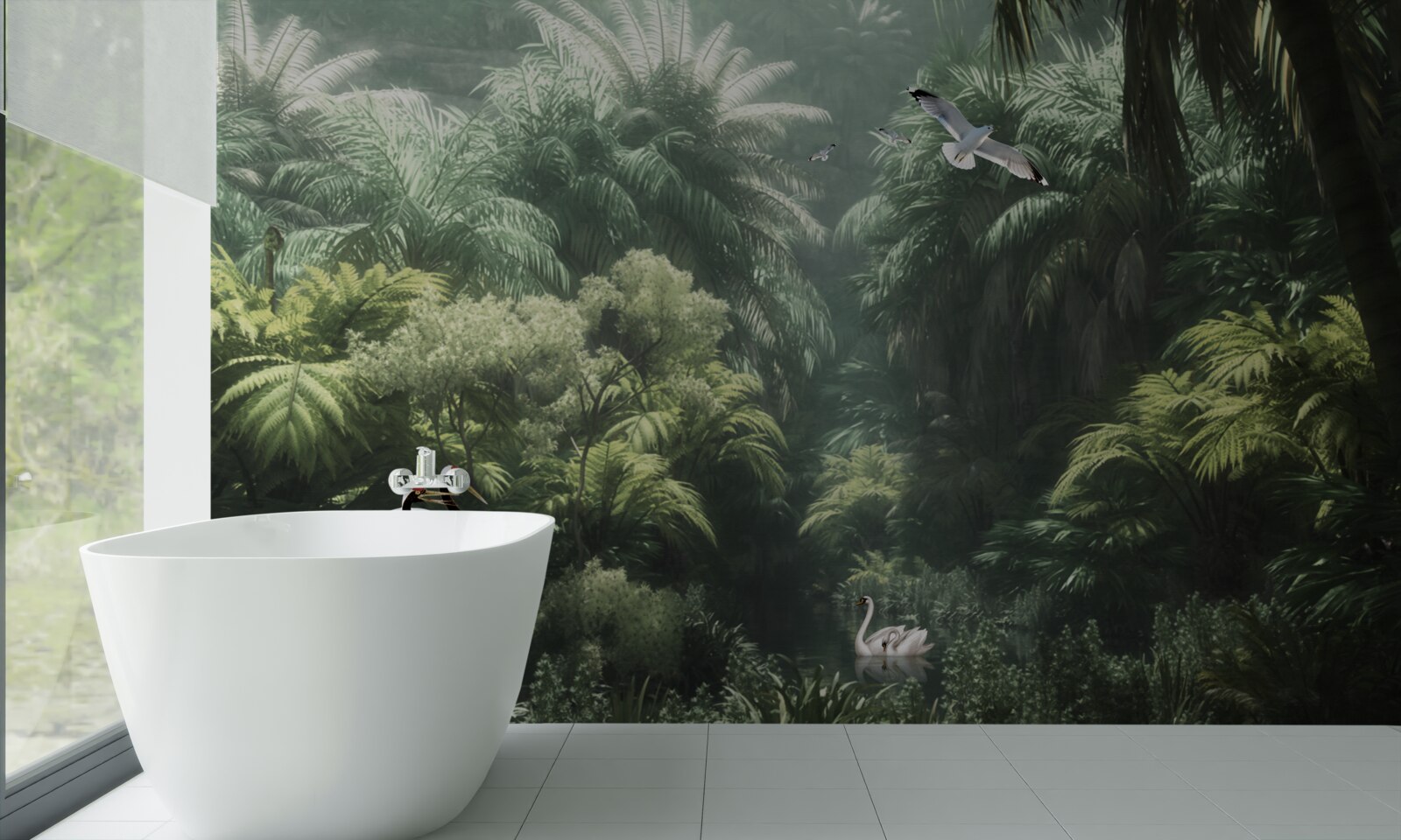 Fototapet jungle luxuriante și locuitori cu pene