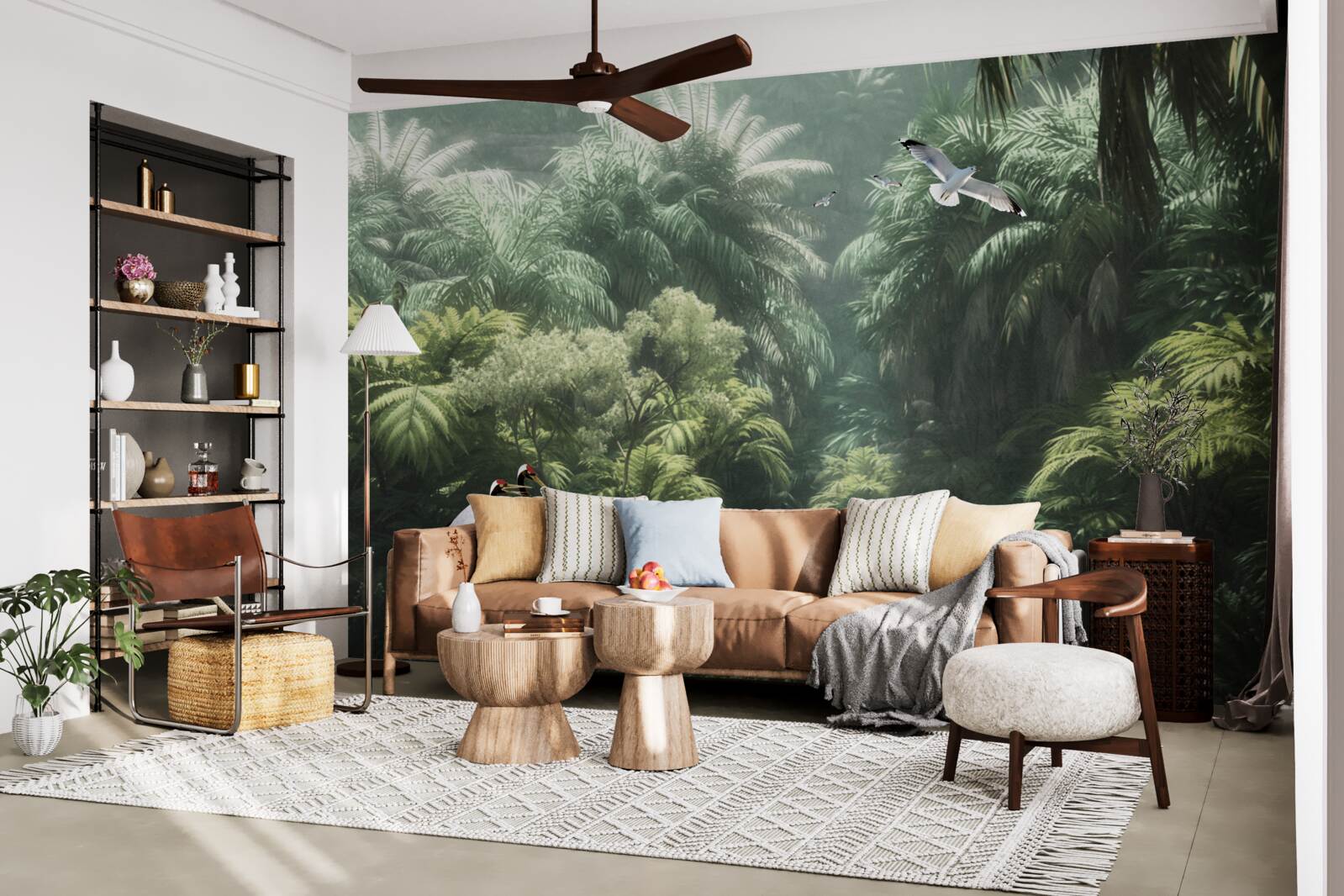 Fototapet jungle luxuriante și locuitori cu pene