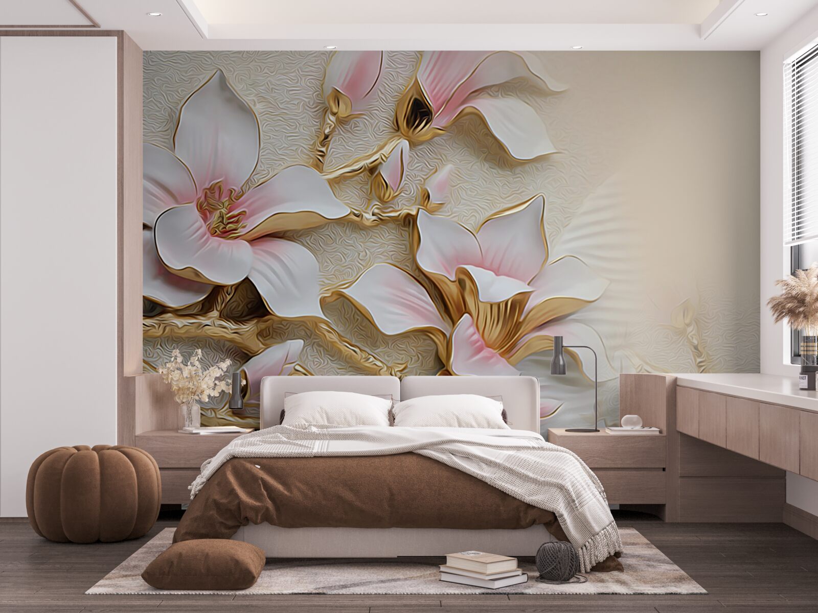 Fototapet flori în tonuri de roz și auriu