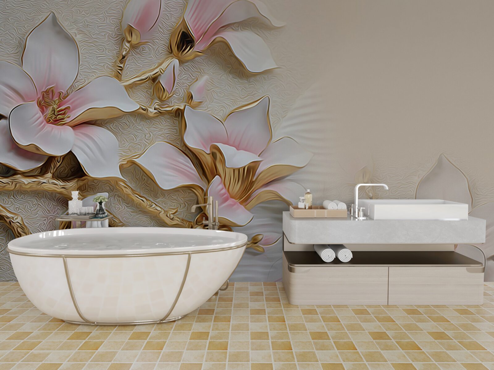 Fototapet flori în tonuri de roz și auriu