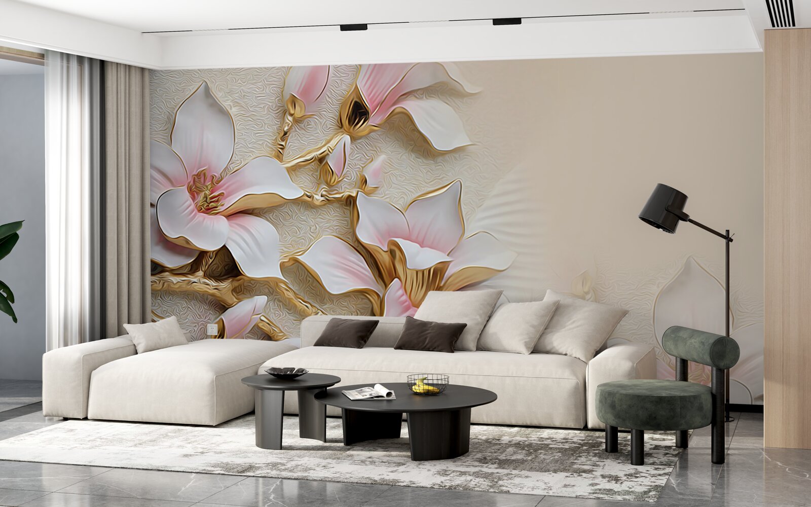 Fototapet flori în tonuri de roz și auriu