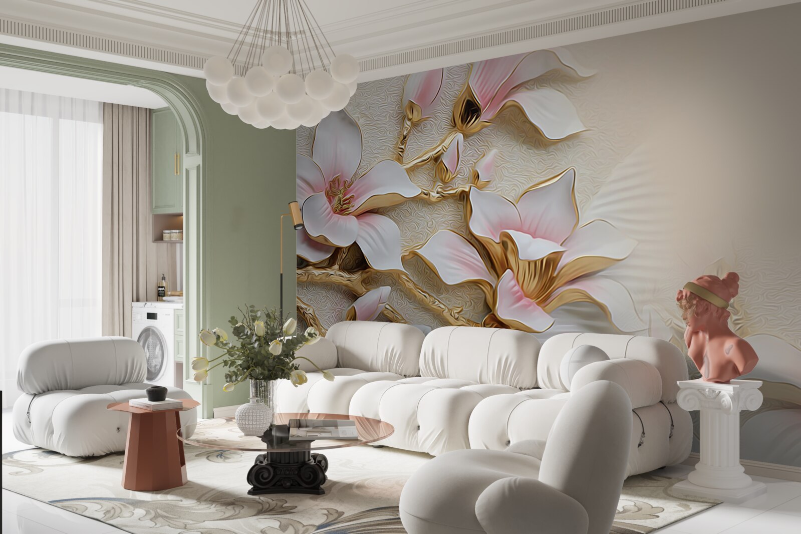 Fototapet flori în tonuri de roz și auriu