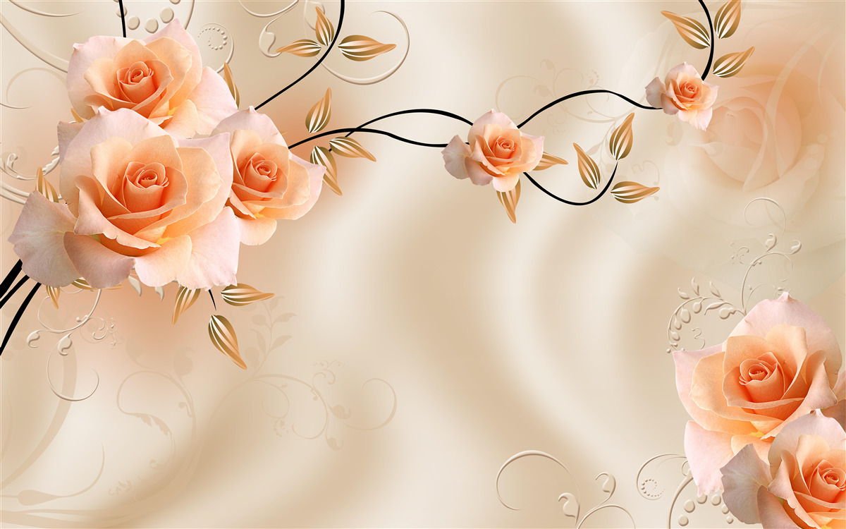 Fototapet mătase de culoarea piersicii cu flori roz