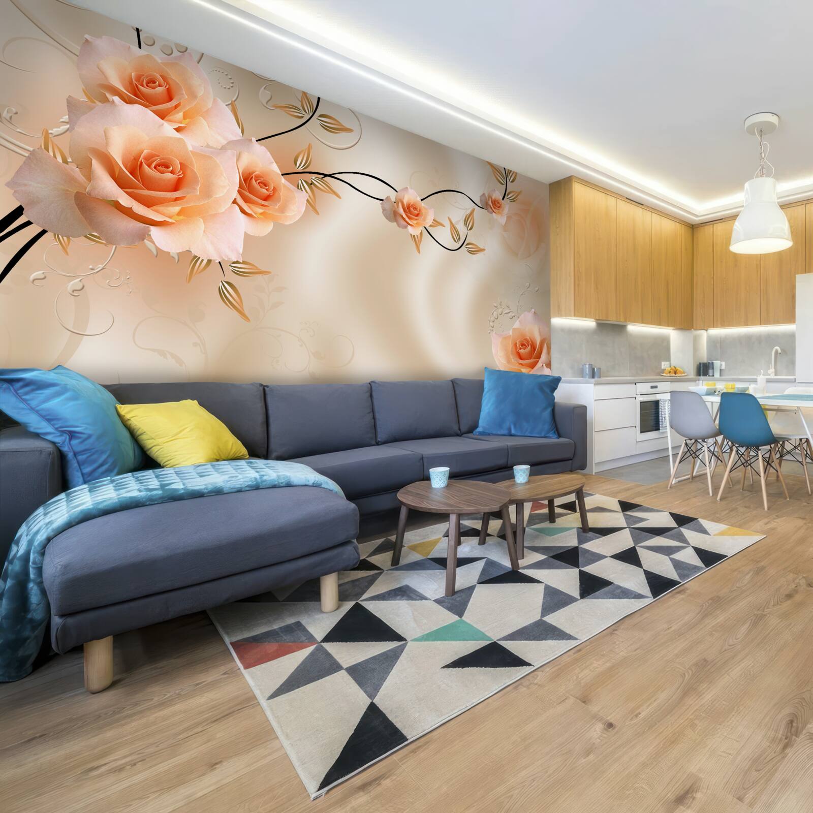 Fototapet mătase de culoarea piersicii cu flori roz