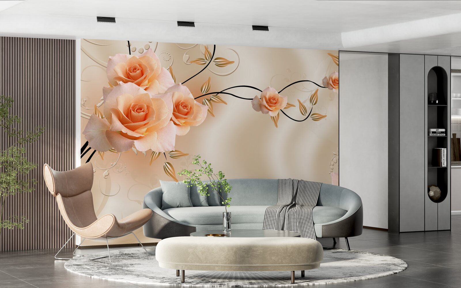 Fototapet mătase de culoarea piersicii cu flori roz