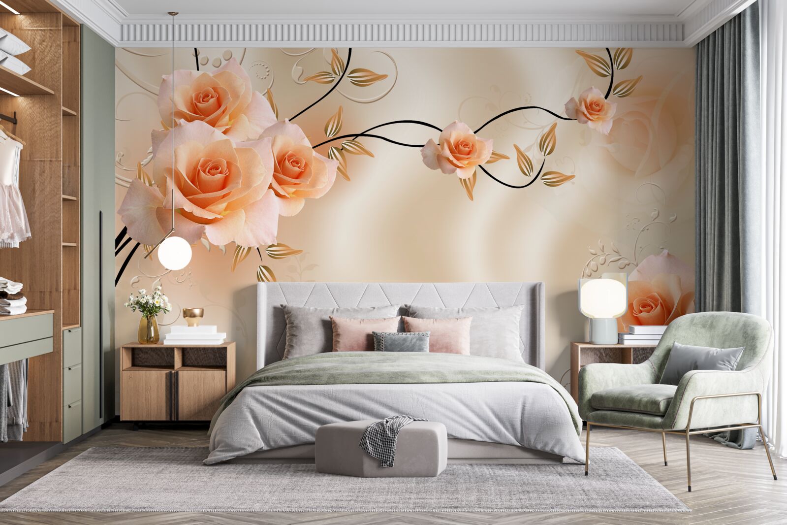 Fototapet mătase de culoarea piersicii cu flori roz