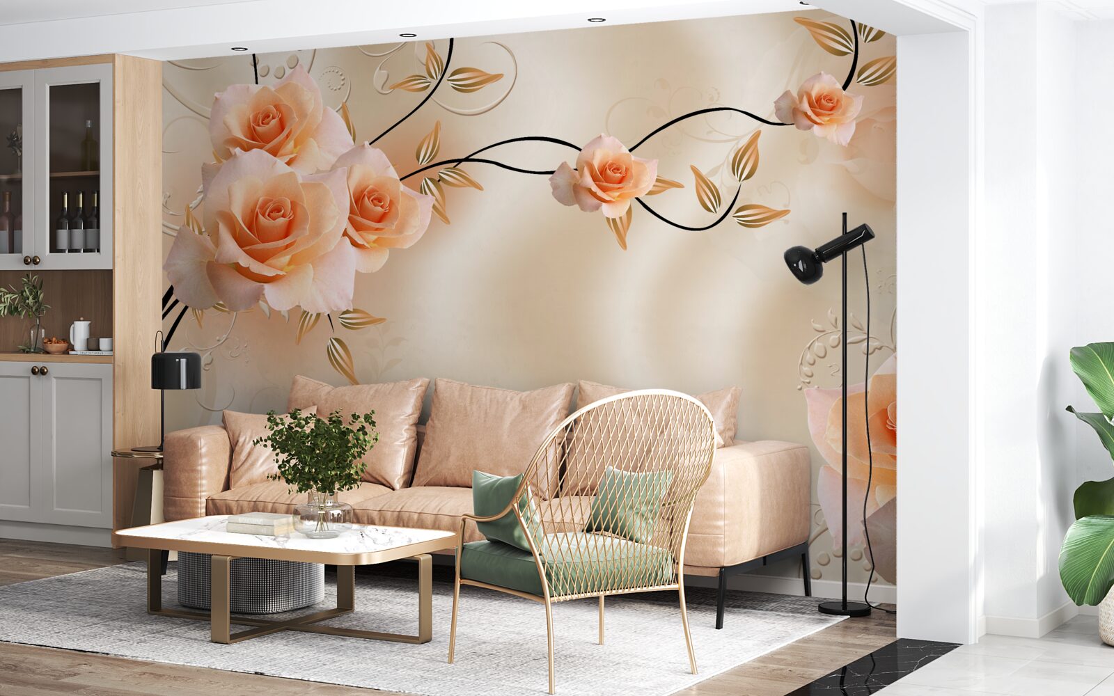 Fototapet mătase de culoarea piersicii cu flori roz