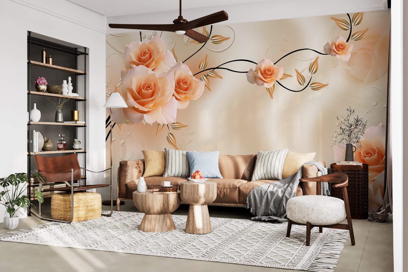 Fototapet mătase de culoarea piersicii cu flori roz