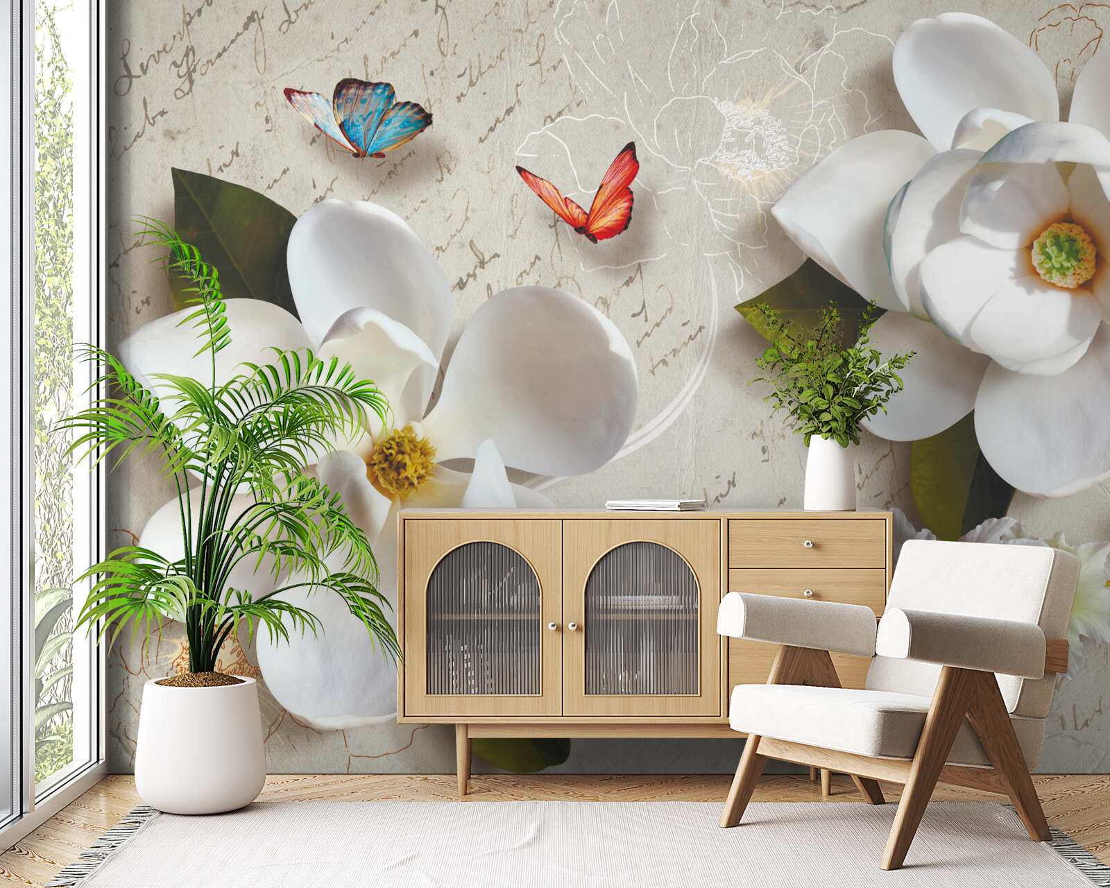 Fototapet lotuși albi cu fluturi a căror tandrețe stârnește sufletul