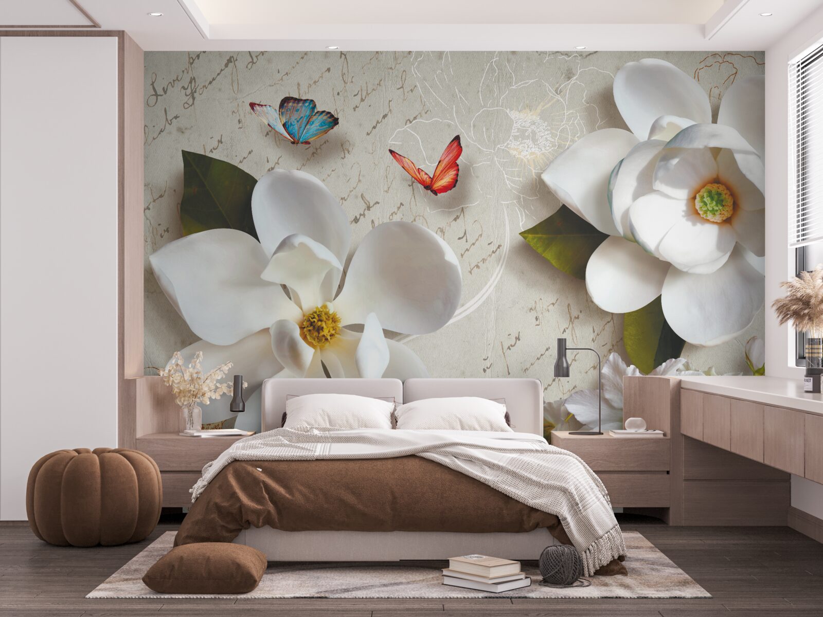 Fototapet lotuși albi cu fluturi a căror tandrețe stârnește sufletul