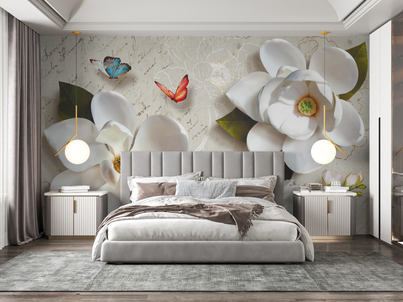 Fototapet lotuși albi cu fluturi a căror tandrețe stârnește sufletul