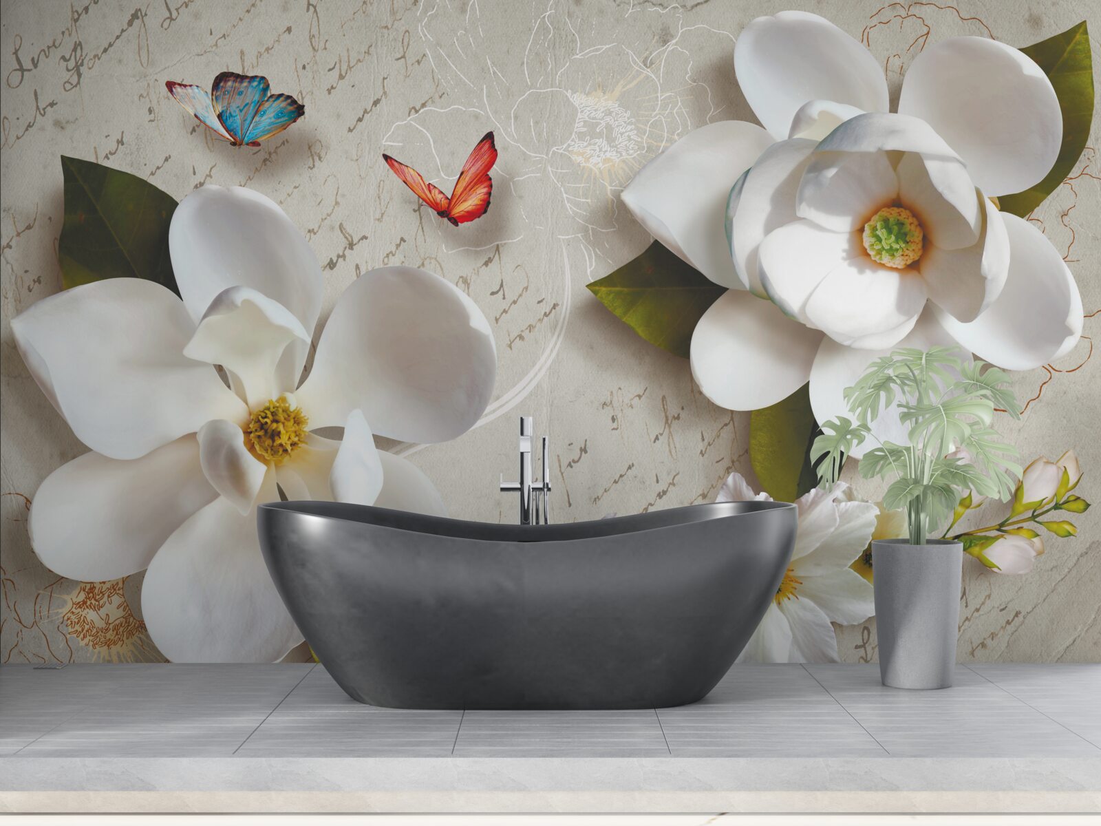 Fototapet lotuși albi cu fluturi a căror tandrețe stârnește sufletul