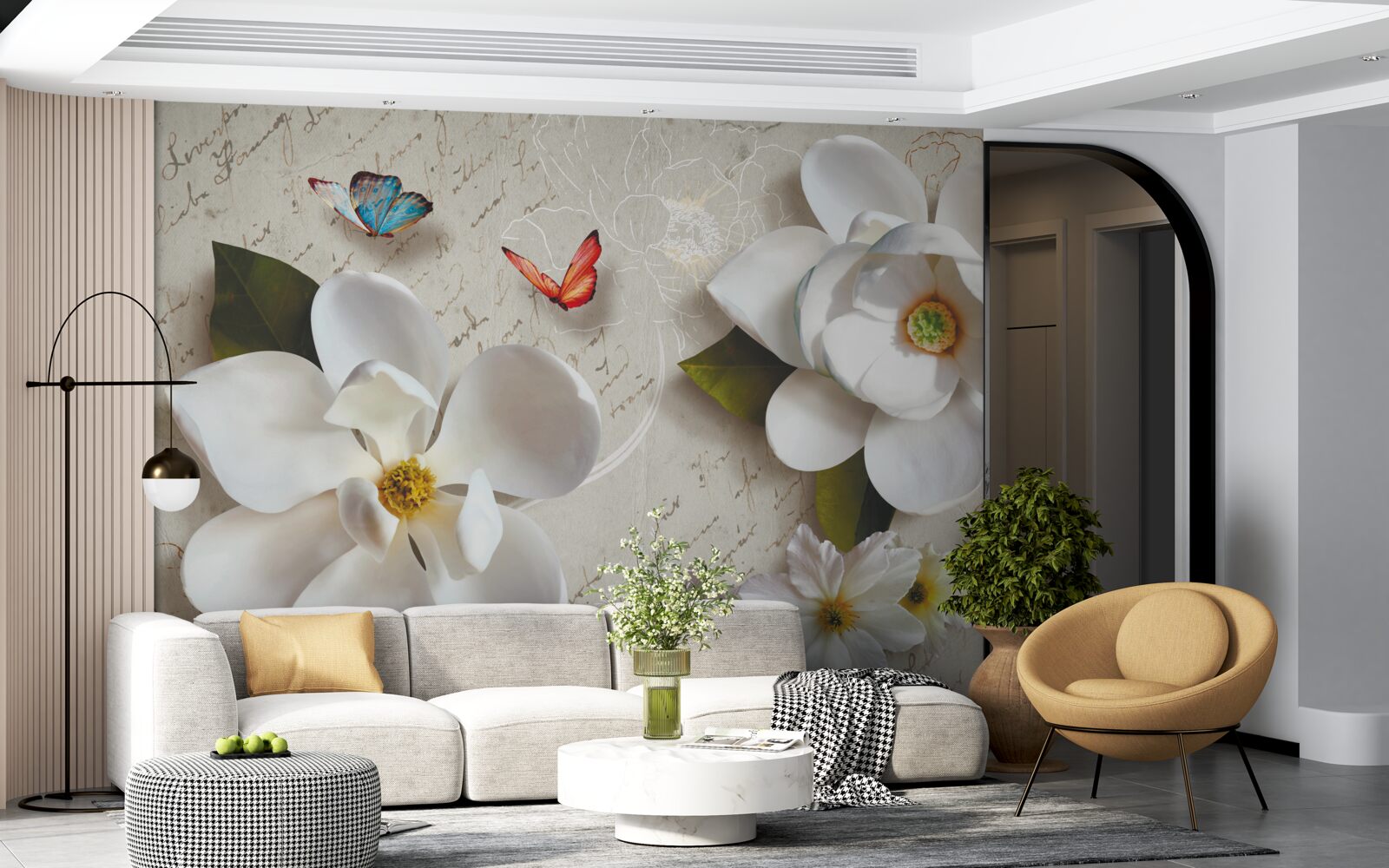 Fototapet lotuși albi cu fluturi a căror tandrețe stârnește sufletul