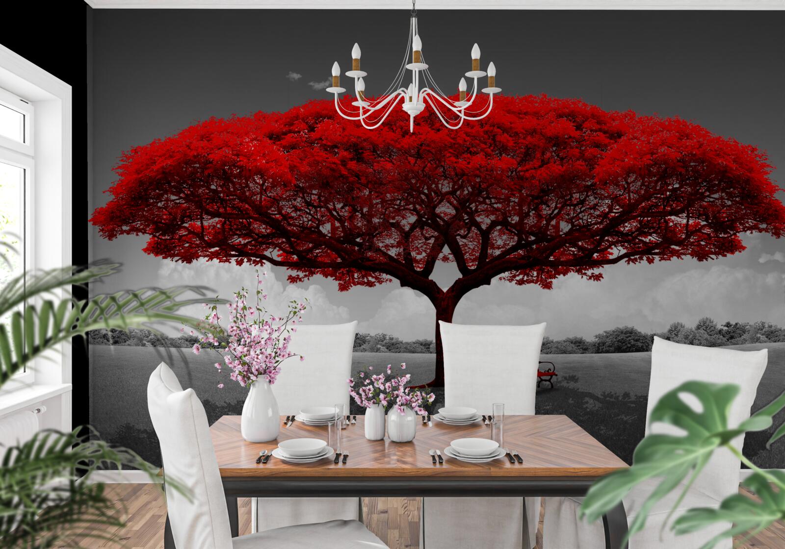 Fototapet Viața este un copac roșu într-un luminiș gri