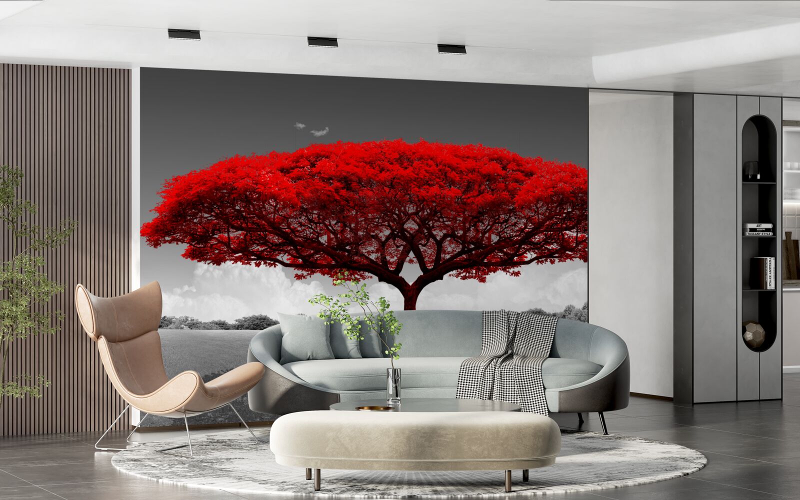 Fototapet Viața este un copac roșu într-un luminiș gri